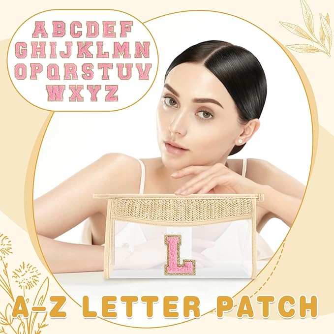 Small Boho Straw Initial Letter Makeup Bag Personalized Gift, Cute Clear Chenille Patch Makeup Bag with Zipper, Trendy TSA Approved Travel Toiletry Bag, Gift for Women Girls Birthday Friend, Letter L