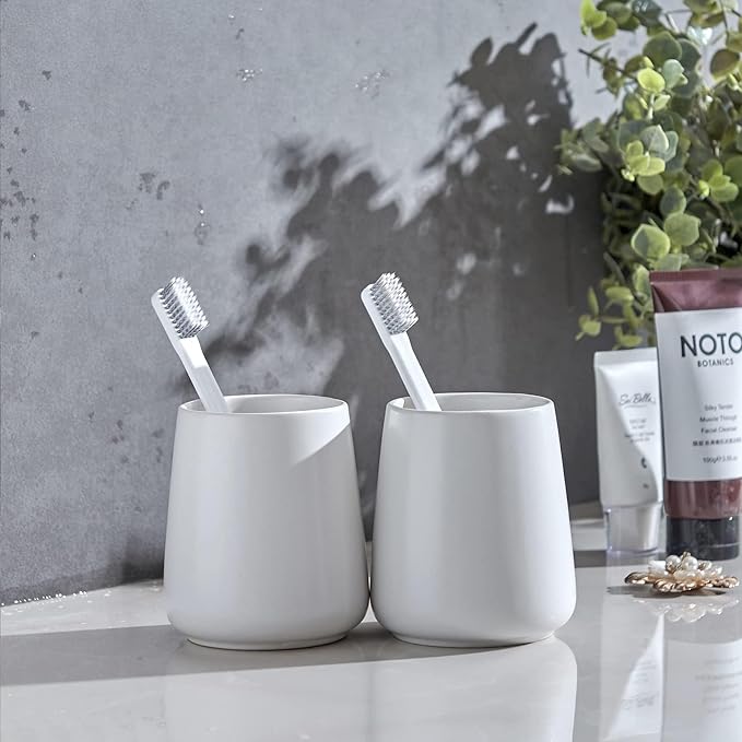 White Toothbrush Holder for Bathroom - Ceramic Tooth Brushing Holders, Toothbrush Cup & Toothpaste Organizer for Bathroom Countertop, Makeup Brush Holder, Pen Holder for Home Desktop Storage