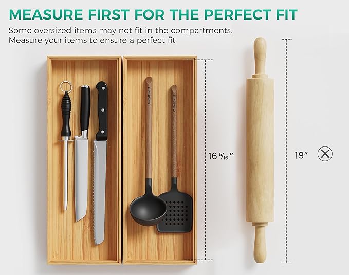 Long Bamboo Kitchen Drawer Organizer Boxes – 17" x 6" Stackable Wood Silverware Utensil Tray for Drawers Bins Cutlery & Flatware Storage – Wooden Organizers Set of 2 for Junk Drawer, Bathroom, Rv