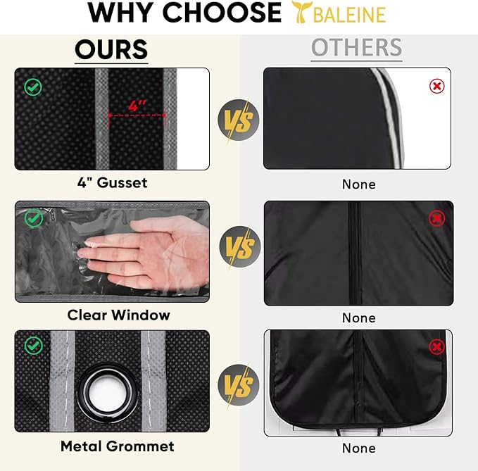 BALEINE 5PK Heavy Duty Garment Bag with Shoe Storage Travel Bag for Dresses, Suit, Coats Travel Essential (54", Black)