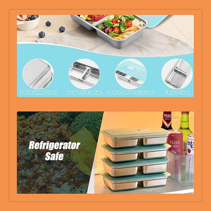 4-Pack Stainless Steel Snack Containers with Lids Reusable Double Compartment Food Storage for Meal Prep, Lunch & On-the-Go; Ideal for Snacks, Condiments, Dips at Office, School, Travel & Outdoor
