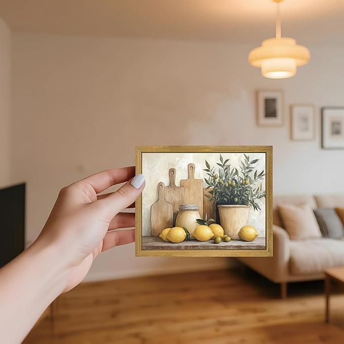 Wood Framed Vintage Kitchen Wall Art, Yellow Lemon Still Life Wall Decor Oil Paintings, Rustic Farmhouse Artwork Canvas Posters Prints Pictures for Living Room Bedroom Home Decor 8x10 Inch
