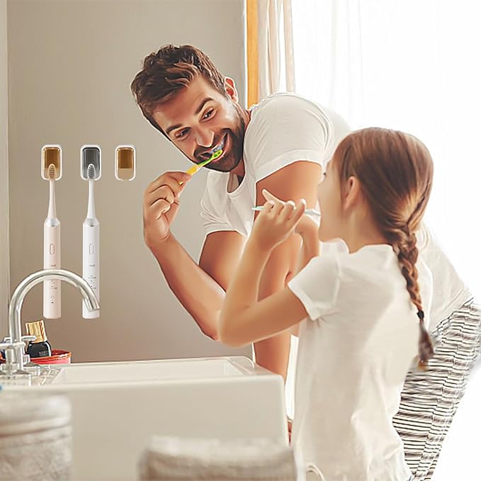 2 Pack Toothbrush Holders for Bathroom, Self Adhesive Wall Mounted Toothbrush Holder with Cover, Single Toothbrush Dispenser Storage Organizer for Family, Travel, Waterproof and Dustproof (Grey)