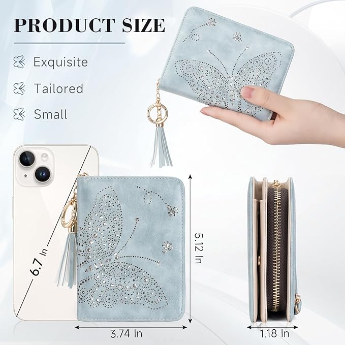 Women RFID Blocking Small Bifold Wallet, Compact Cash Clutch with Zipper Coin Pocket, Glittery Butterfly Design, Credit Card Holder, Travel Purse with Tassel BLUE