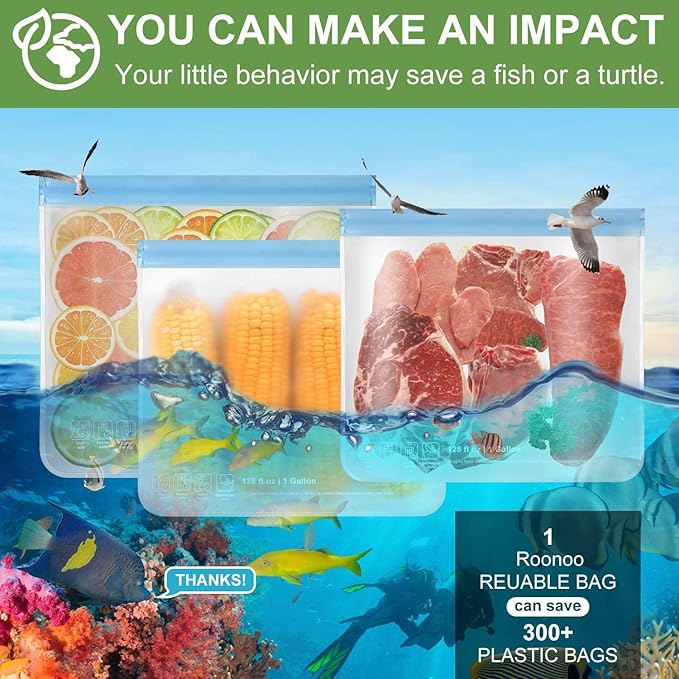 6 Pack Dishwasher Safe Reusable Gallon Freezer Bags Food Storage Bags, Extra Thick Leakproof Silicone & Plastic Free Ziplock Bags for Meal Prep, Fruits, Sandwich, Snack, Travel Items