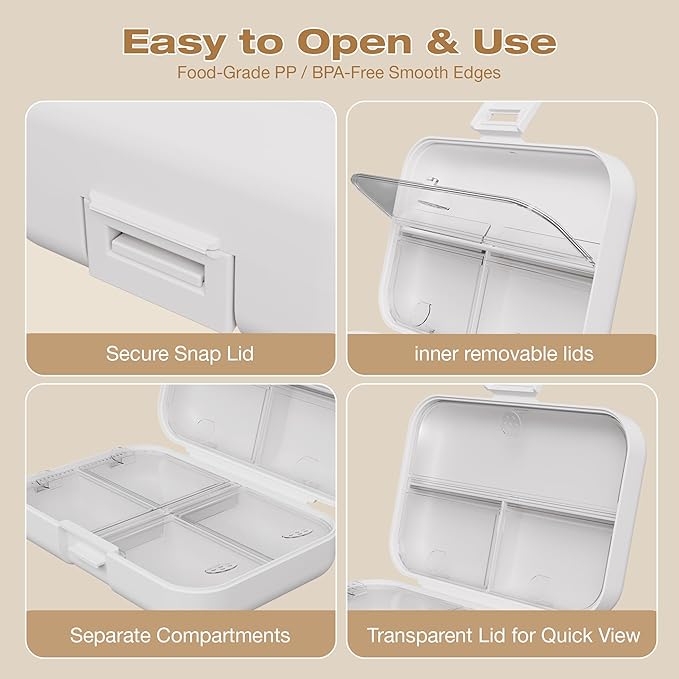 Travel Pill Box, Double Layer 7-Compartments Large Pill Organizer, Portable Weekly Pill Case Container for Pocket, 7 Day Compact Medicine Holder for Vitamins, Fish Oils, Supplements White