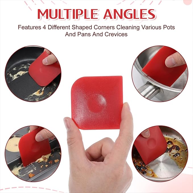 6PCS Plastic Pan Scraper Tool, Red Kitchen Scrapers for Cast Iron, Food Scrapers Tool Pan Cleaning, Food Scraper for Grease and Burnt Residue