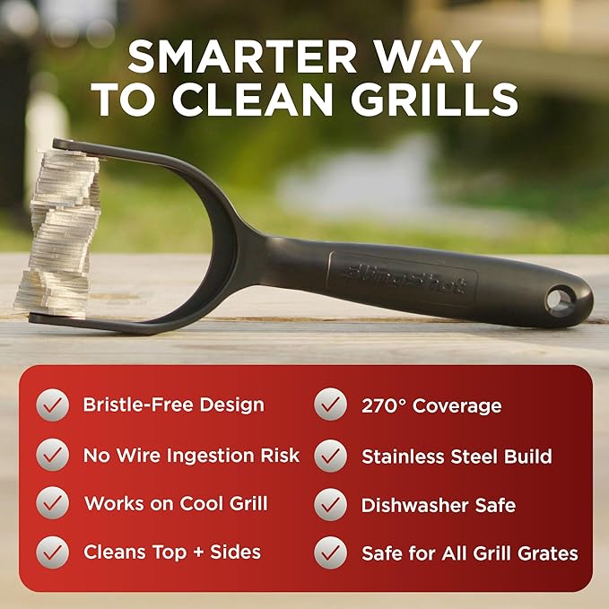 Slingshot Grill Cleaner- Bristle-Free BBQ Tool for Outdoor Grates, Heavy Duty Grill Scrubber, Stainless Steel Blades, Cold Grill Cleaning Accessory for Grilling Maintenance