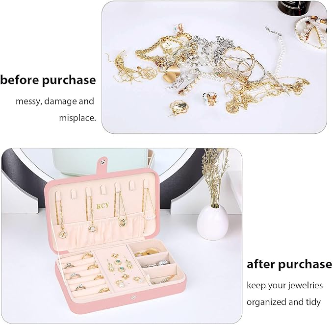 KCY Travel Jewelry Organizer Box for Women Girls, Small Travel Jewelry Case, PU Leather Portable Jewellery Storage Boxes Display Holder for Ring Earrings Necklace Bracelet Bangle, Gifts, Pink