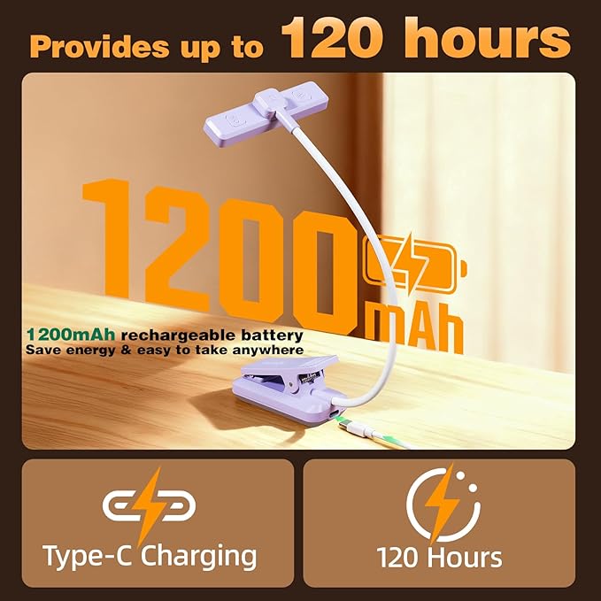 VAVOFO Rechargeable Book Light Rotatable:24 LEDs Reading Light, 3-Color & 9-Brightness Book Lamp, Eye Cared 120Hrs Runtime Lightweight Clip on Led Light for Book Lovers (Purple)