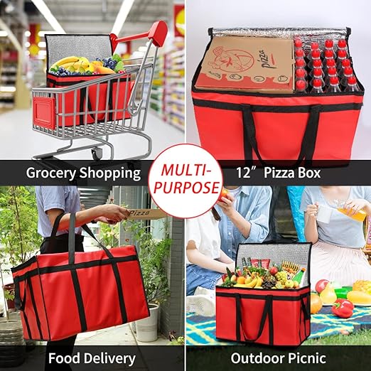 Insulated Food Delivery Bag with Hard Bottom, XXX-Large Insulated Reusable Grocery Cooler/Hot Bags, Tote Bag for Shopping/Travel, Red, 1-Pack