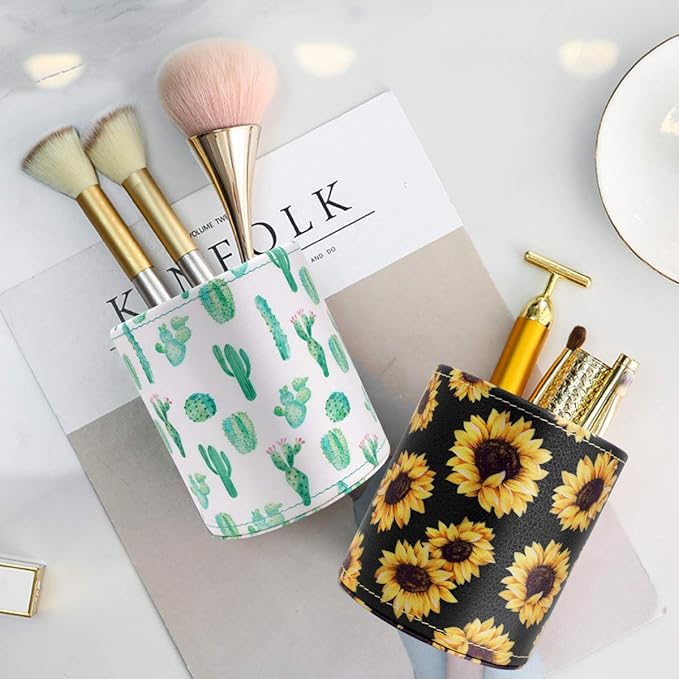 WAVEYU Pen Holder, Pencil Cup Desk for Women Girls, Luxury Makeup Brush Holder Large Pu Leather Multi-Functional Organizer Cup for Office, Classroom, Home, Sunflower