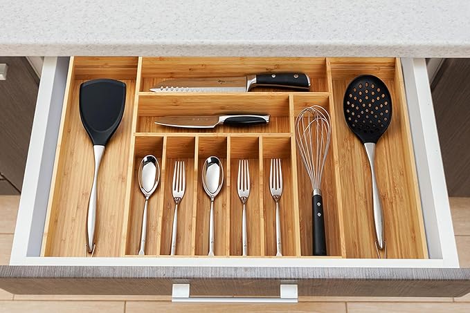 Umilife Extra Large Expandable Kitchen Silverware Utensils Drawer Organizer, 19" Deep for Big Drawer, Adjustable Bamboo Wood Drawer Divider with Curved Grooves, Cutlery Tray Flatware Holder
