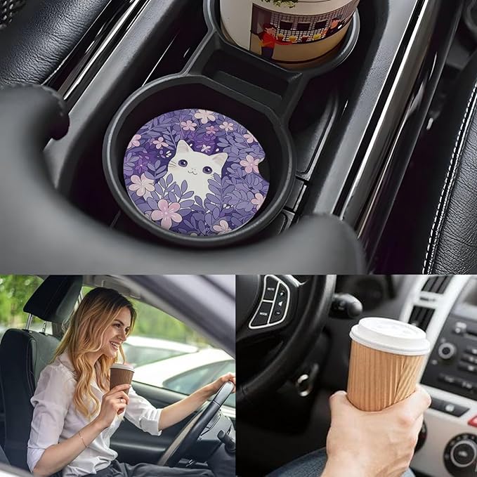 Car Cup Holder Coasters, 2 Pcs Ceramic Coasters with Cork Back and Finger Slot, Anti-Slip Shock Absorbing Women and Men Universal Car Accessories - White Little Cat