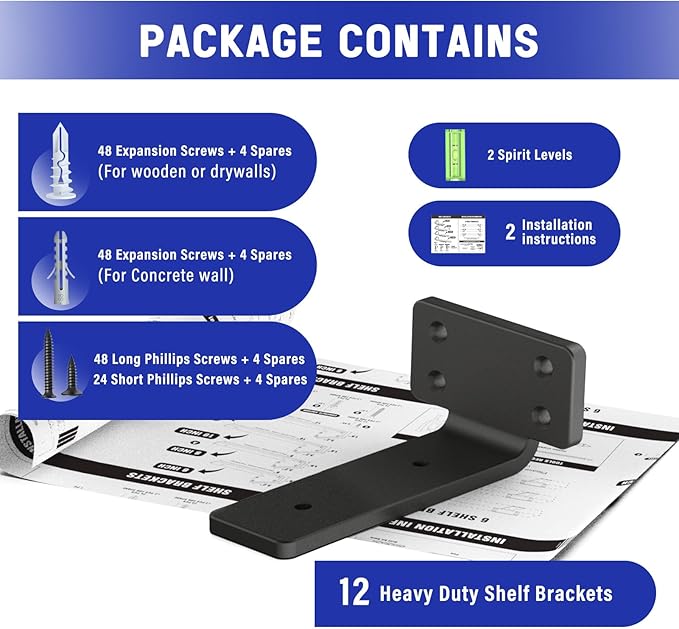 Goovilla Shelf Bracket, Heavy Duty Floating Shelf Brackets 4 inch Long, 12 Pack Brackets for Shelves, Black Coated Metal Wall Shelf Support Brackets with 1/5 Inch Thick and 160 lb. Load Capacity