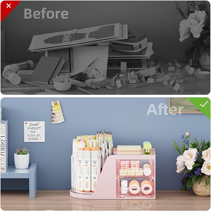 Marbrasse Desk Organizer with 2 Drawers, 360° Rotating Pen Holder, Desk Organizer and Accessories with 6 Slots Pencil Organizer + 2 Drawers, Art Supply Storage Box Caddy for Office (Pink)
