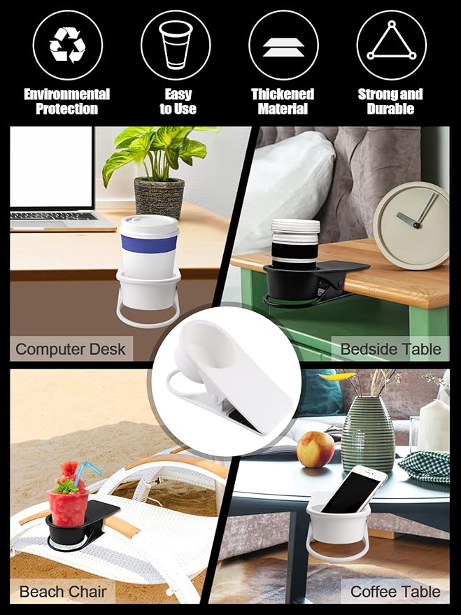 2PCS Drinking Cup Holder Clip, Kalolary Desk Bottle Cup Stand DIY Glass Clamp Storage Saucer Clip Water Coffee Mug Holder Saucer Clip Design for Home & Office, Black & White