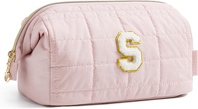 BAGSMART Birthday Gifts Personalized Initial Makeup Bag, Trendy Stuff Gifts for Women Bridesmaid Graduation, Puffy Padded Make Up Bags for Women, Wide-open Toiletry Bag, Pink S