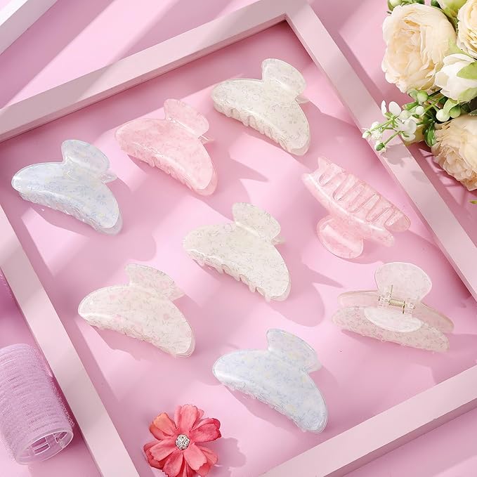8 Pcs Large Acrylic Hair Claw Clips for Women Non-slip Strong Hold Jaw Clamps for Thick Thin Hair (Floral,Elegant Color)