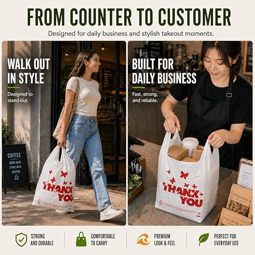 YoYoRain 1000 Pack White Thank You T-Shirt Bags with Handles, 11"x6"x21" Durable HDPE Plastic Carry-Out Shopping Bags for Grocery, Retail, Takeout & Small Business