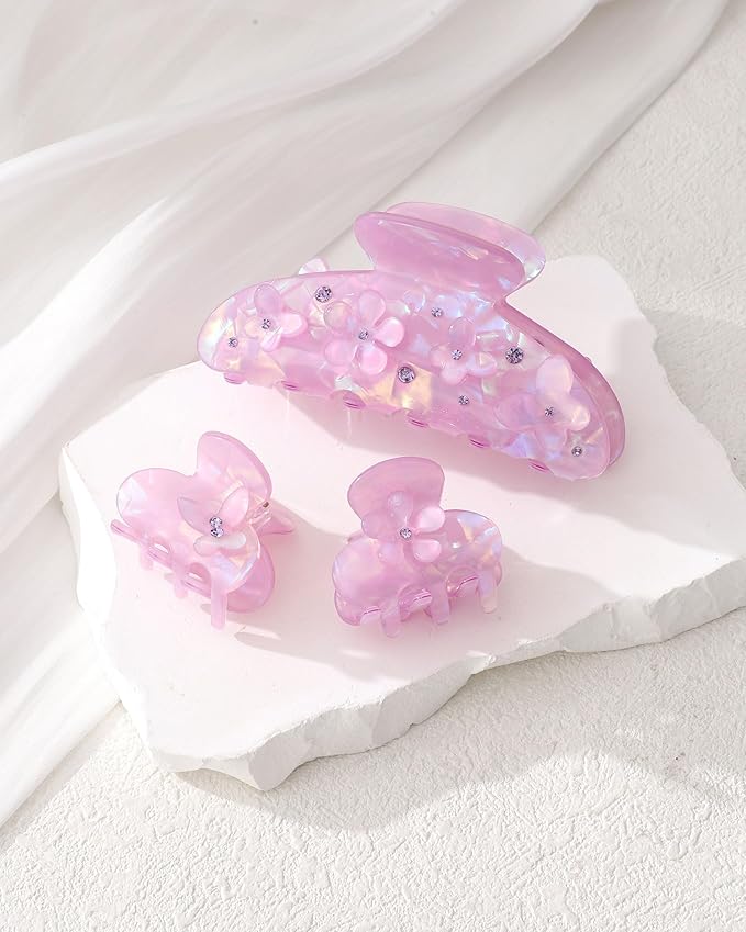 3PCS Acrylic Flower Hair Claw Clips - 2 Styles Durable Medium Small Claw Clips for Women, Strong Hold Cute Non Slip Stylish Accessories Decroation Buns for Thick Thin Hair (Purple)