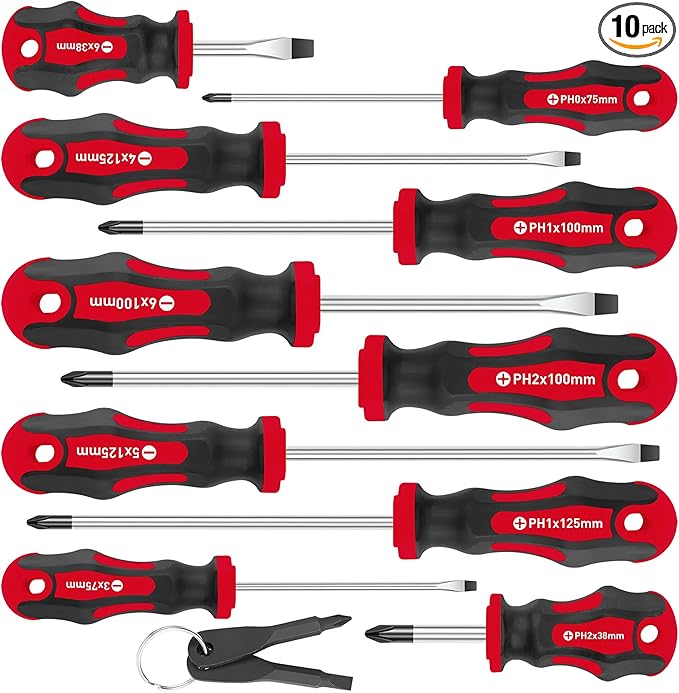 Amartisan 10-Piece Magnetic Screwdrivers Set, 5 Phillips and 5 Slotted Tips Professional Cushion Grip Screwdriver Set 2pcs Portable Multifunction Key Mini Screwdriver (Red)