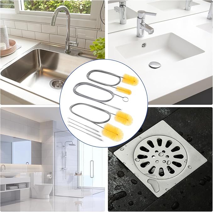 12pcs Flexible Drain Brush 78 Inch Pipe Cleaning Brush 63 Inch Drain Cleaner Brush 59 Inch Hose Brush and 3 Pcs 9 Inch Straw Cleaner Brush for Straws Kitchen Sink Plumbing Shower Drain Tube (Yellow)