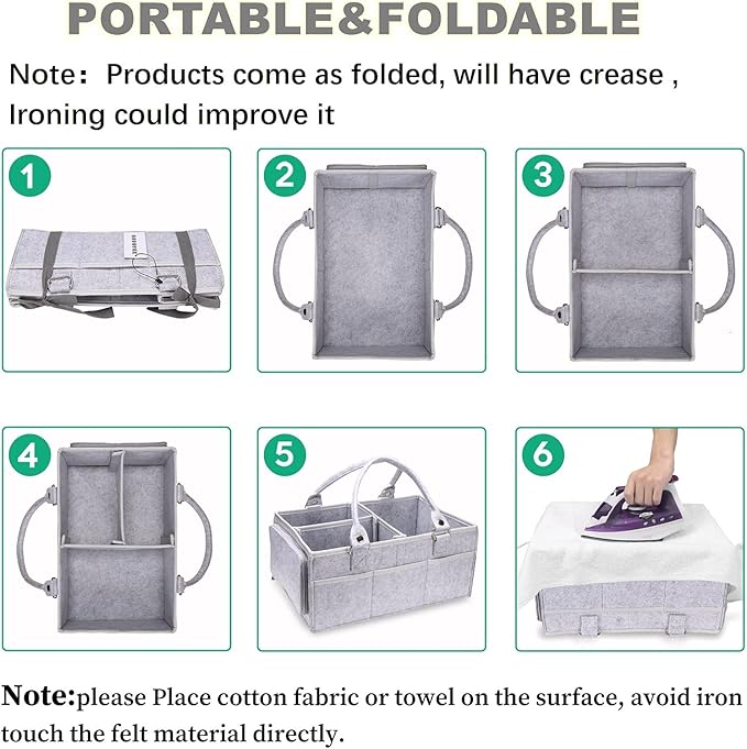 Baby Diaper Caddy Organizer with Handle - Gender Neutral Nursery Storage Bin Basket - Portable Tote Bag - Car Organizer - Newborn Essentials - Grey