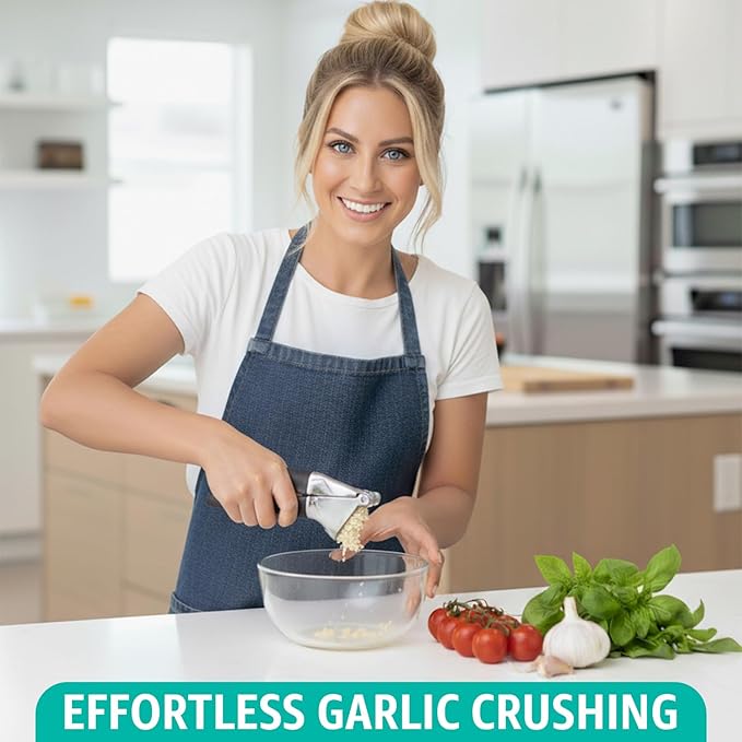 Garlic Press Set โ Heavy Duty Rust-Resistant Garlic Crusher & Mincer with Ergonomic Handles, Easy Squeeze Manual Garlic Press, Cleaning Brush & Silicone Peeler, Large Chamber Kitchen Tool