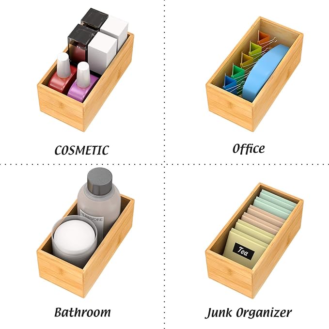 Bamboo Drawer Organizer Utensil Holder for Kitchen, Small Wood Silverware Storage Organizer, Stackable Box Tray for Cutlery, Flatware, Bathroom Caddy for Makeup, Perfume, Jewelry, 6x3x2.5 Inch