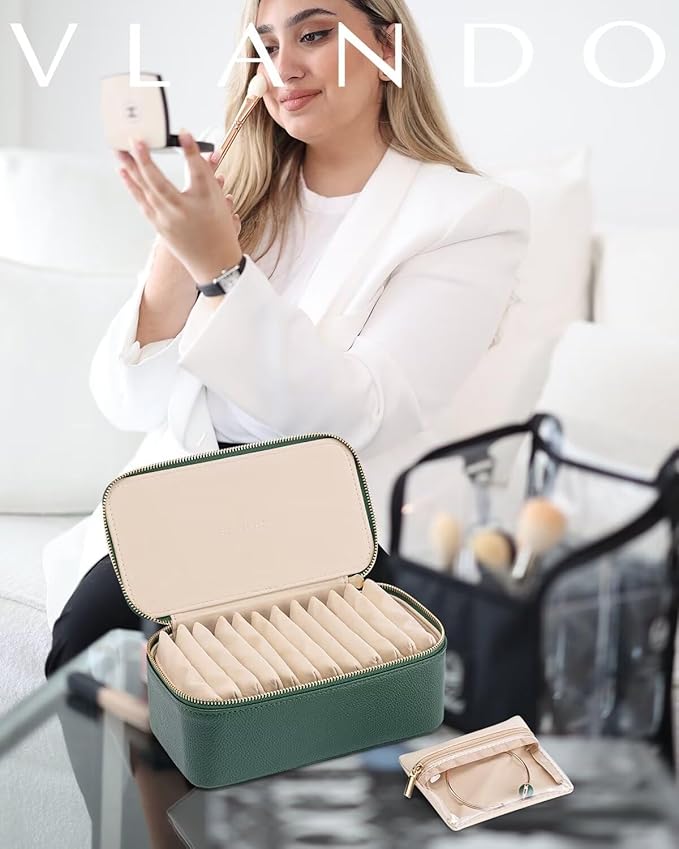 Vlando Jewelry Travel Case,Travel Jewelry Organizer with Clear Velvet Jewelry Bags 12Pcs Zipper Pouch for Women Girl Gift-Green