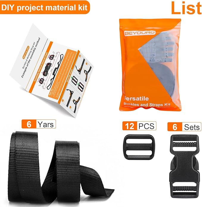 Buckles and Straps Set 1": 6 Yards of Thick Nylon Webbing, 6-Pack Heavy Duty Adjustable Quick Side Release Plastic Buckles, 12 Tri-Glide Slide Clips, Black (1-Inch Combo Set)
