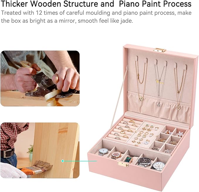 Voova Jewelry Box Organizer for Women Teen Girls, 2 Layer 5 Slot Watch Storage Case with Removable Tray, PU Leather Large Jewellery Holder Display for Watches Sunglasses Rings Earrings Necklace, Pink