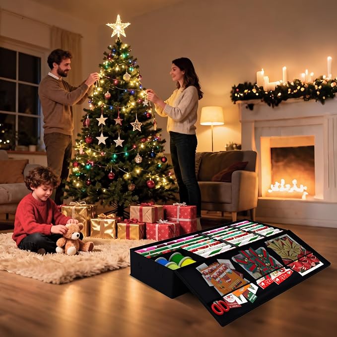 Safana Wrapping Paper Organizer Storage Bag, 42" Durable 600d Oxford Christmas Gift Wrapping Organizer Box Under Bed Containers for Decorations Paper Rolls, Ribbons, Balls, Bows (Golden Snowman)