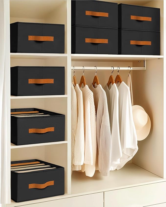 Clothes Organizers and Storage - 4/5/7 Grids Fabric Jeans Organizer with Handles, Foldable Closet Organizers Dividers, Wardrobe organizer for Pant, Sweater, T-shirt, Scarf, 3 Pack, Black