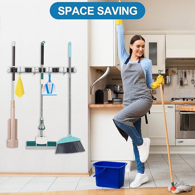 IMILLET Broom Holder Wall Mounted, Stainless Steel Broom Mop Holder Self Adhesive Heavy Duty Hooks Storage Organizer for Home Laundry Room Garden Garage Closet Kitchen 1 Pack(5 Racks with 4 Hooks)