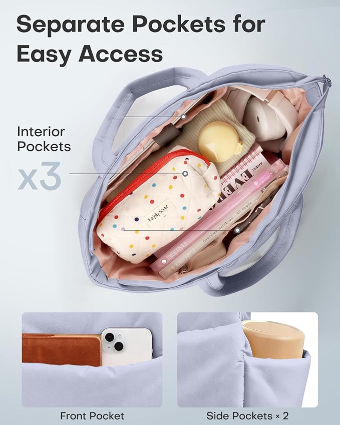 HOTOR Puffer Tote Bag for Women, Nurses - Multi-Pocket Lightweight Bag for Work - Quilted Handbag for Travel and Gym
