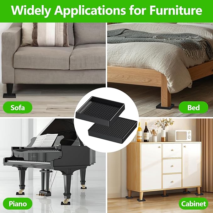 Non Slip Furniture Pads- 3"x3" Square Anti Skid Caster Cups Furniture Coasters, Anti-Sliding Grippers Floor Protectors for Furniture Bed, Couch, Chair Leg, Black(Set of 12)
