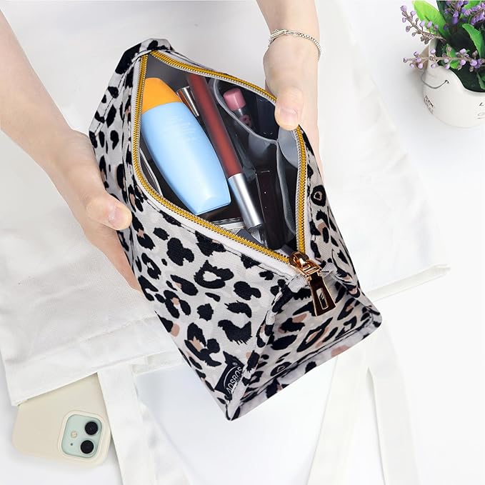Aosbos Premium Small Makeup Bag, Compact Cosmetic Pouch, Travel-Size Make UP Case for Women, Leopard