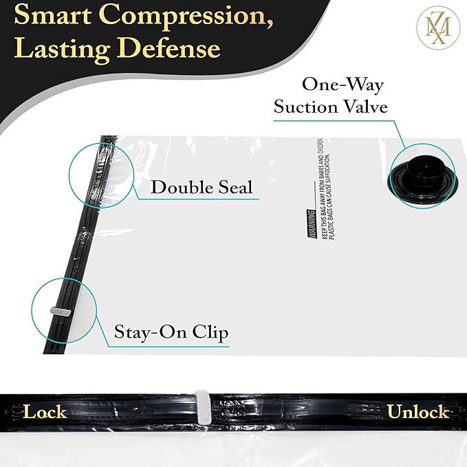 Vacuum Storage Bags 12 Pack Without Hand Pump – Space Saver Compression Bags, Airtight Double-Zip & Triple Valve, Reusable, Lavender Freshness, Bedding, Travel (S/M/L/Jumbo) (Without Pump)