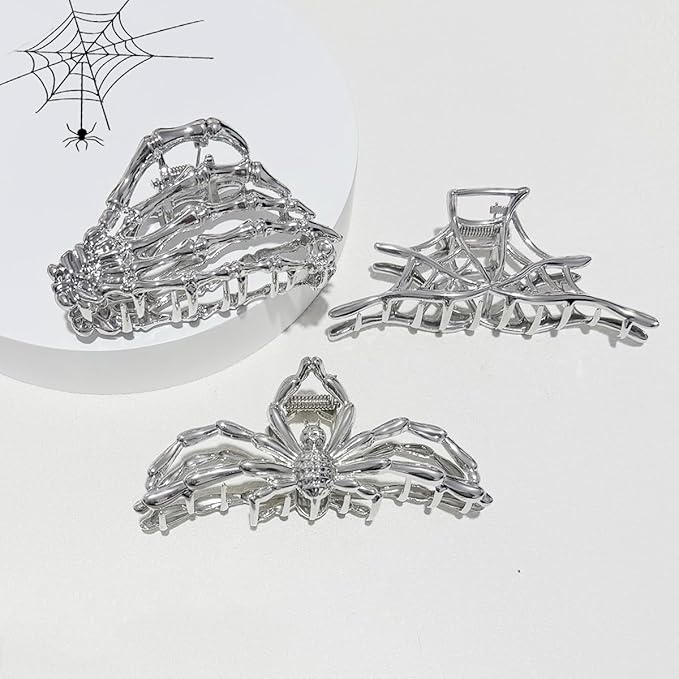 3 Pieces Large Metal Spider Net Hand Hair Claw Clips for Women and Girls Thick Long Hair, Nonslip Skeleton Spooky Barrette Headband Hair Styling Accessories for Halloween Christmas Gifts