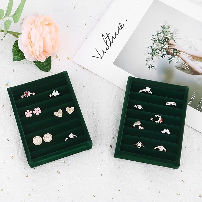 DesignSter Small Jewelry Tray-Ring Organizer 2PCS Premium Velvet Rings Earrings Display Tray Storage Insert Holder for Jewelry Box, Drawer, Dresser (8 Slots, Green)