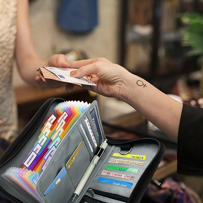 Receipt Coupon Organizer,13 Pocket Mini Accordion File Organizer with Card Holder,Expandable Ticket Storage & Card Case with Sticky Label,for Purse,Home,Car Glovebox,Zipper Closure,8.4 x 5.3in