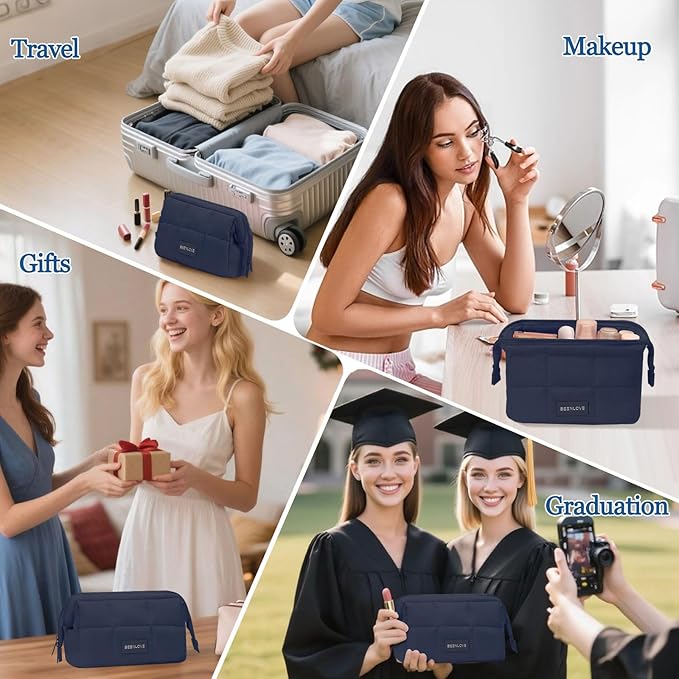 Makeup Bag Travel Toiletry Bag - Cute Make Up Bag, Waterproof Cosmetic Bag with Multiple Compartments, Wide-open Makeup Pouch for Cosmetics, Toiletries, and Travel Essentials, Navy Blue