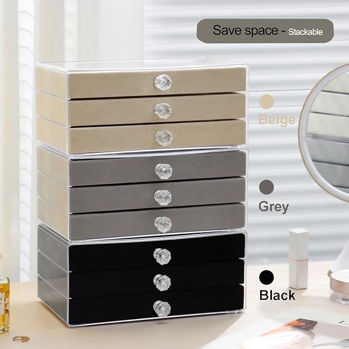 SPAKOWN Earring Box Holder Organizer Case, Clear Velvet Jewelry Storage Tray Organizer for Earring Ring Stud (Black - 3 Drawers)