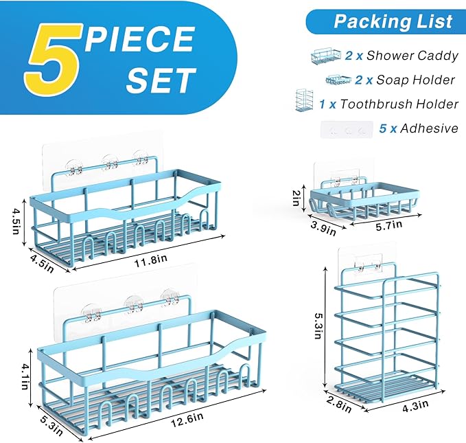 EUDELE 5-Pack Rustproof Stainless Steel Shower Caddy – No Drill Adhesive Bathroom Organizer with Large Capacity, Spacious Shower Shelves for Inside Shower, Kitchen & Home Decor Storage - XL Size