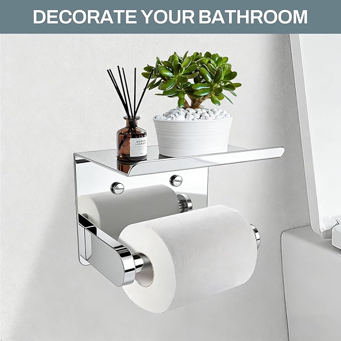 SetSail Toilet Paper Holder with Shelf Adhesive or Screw-in Bathroom Toilet Paper Roll Holders Wall Mount Heavy-Duty Tissue Holder for Bathrooms, Mirror Silver