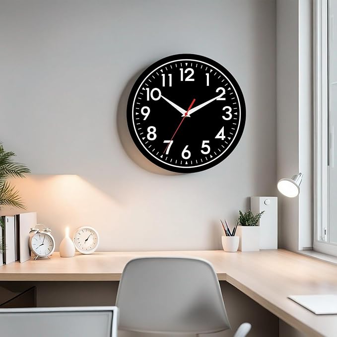 Wall Clock Black Battery Operated 10 Inch Simple Silent Non-Ticking Analog Decorative for Kitchen Bathroom Bedroom Office Living Room School Classroom (Black)