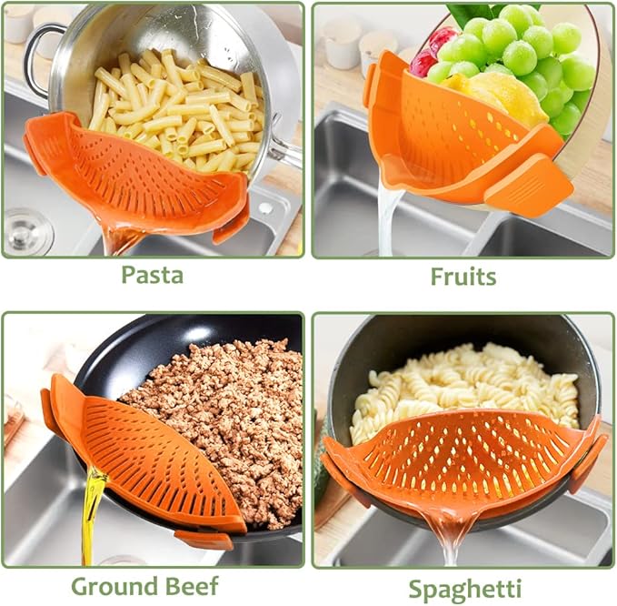 YEVIOR Clip on Strainer for Pots Pan Pasta,Silicone Food Strainer Hands-Free Pan Strainer, Clip-on Kitchen Food Strainer for Spaghetti, Pasta, Ground Beef Fits All Bowls and Pots (Orange)