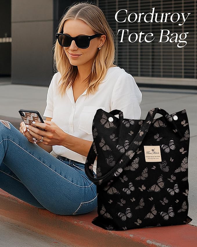 Miss Adola Corduroy Tote Bag for Women - Reusable Totes with Pocket & Buckle Cute Aesthetic Shoulder Bag for Work Travel